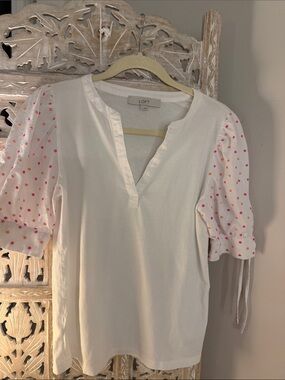 LOFT Cream Knit Top with Pink Polka-Dot Puff Sleeves